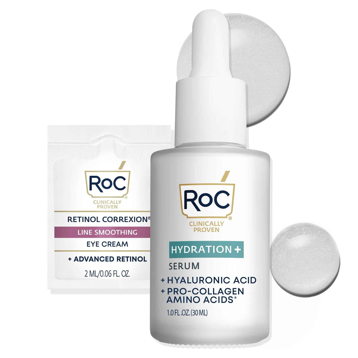 RoC Hydration+ Hyaluronic Acid Serum for Face, Hydrating, Plumping, Fragrance Free, Lightweight Formula with Collagen Proteins (1 Ounce)