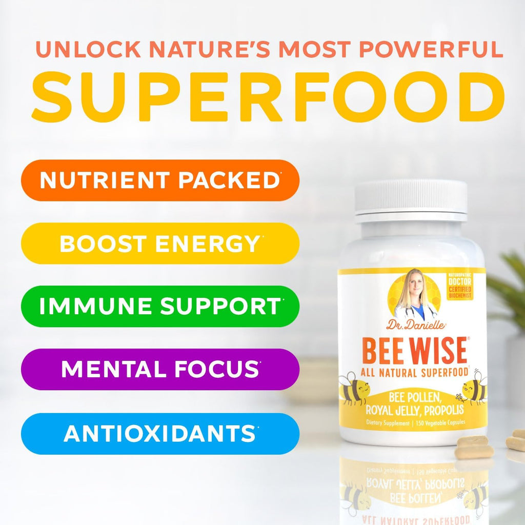 Dr. Danielle's Bee Wise - Bee Pollen Supplement - Bee Well with Royal Jelly, Propolis, Beepollen in 4 Daily Bee Pollen Capsules