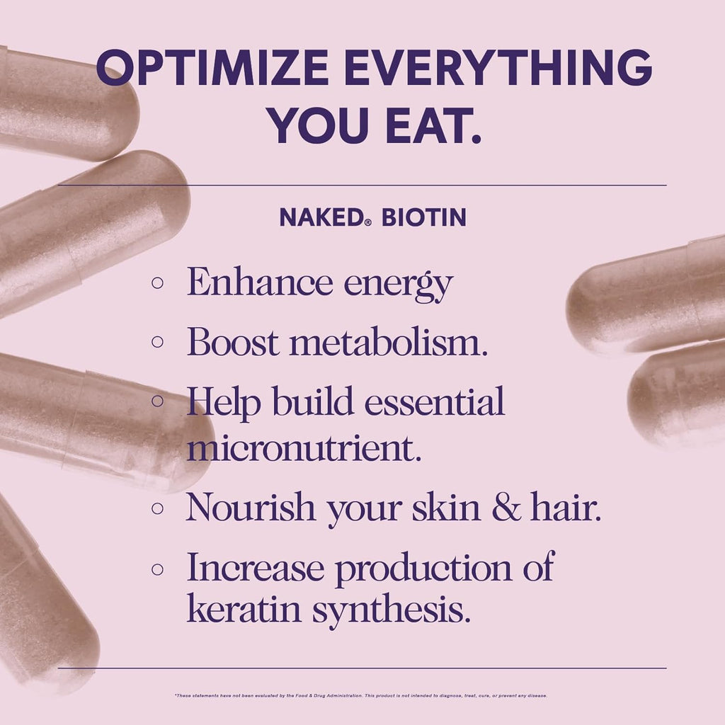 NAKED Biotin 10,000mcg - Max Strength Vitamin B7 Supplement for Healthy Hair, Skin & Nails Support - Non-GMO, Gluten-Free, Vegan - Supports Keratin Production - 120 Capsules