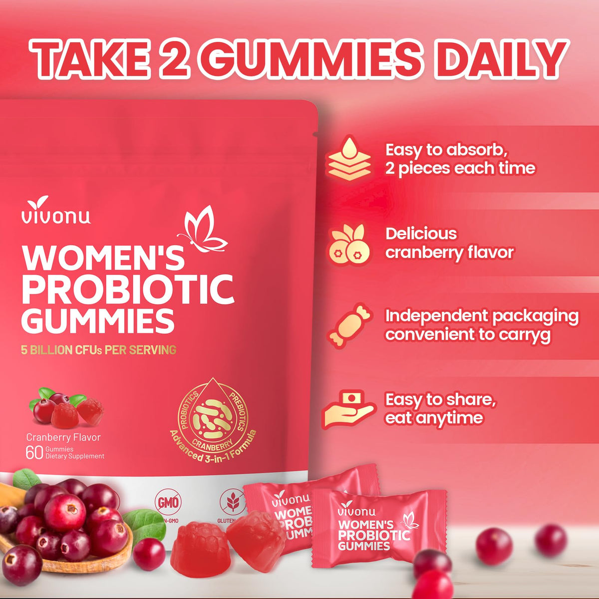 VivoNu Viginal Probiotics for Women, Women Probiotic Gummies, Feminine Balance Gummies, Prebiotic Gummy, Cranberry Probiotics for Woman Vaginigal Health, Yeast Ph Balance| 60 Gummies