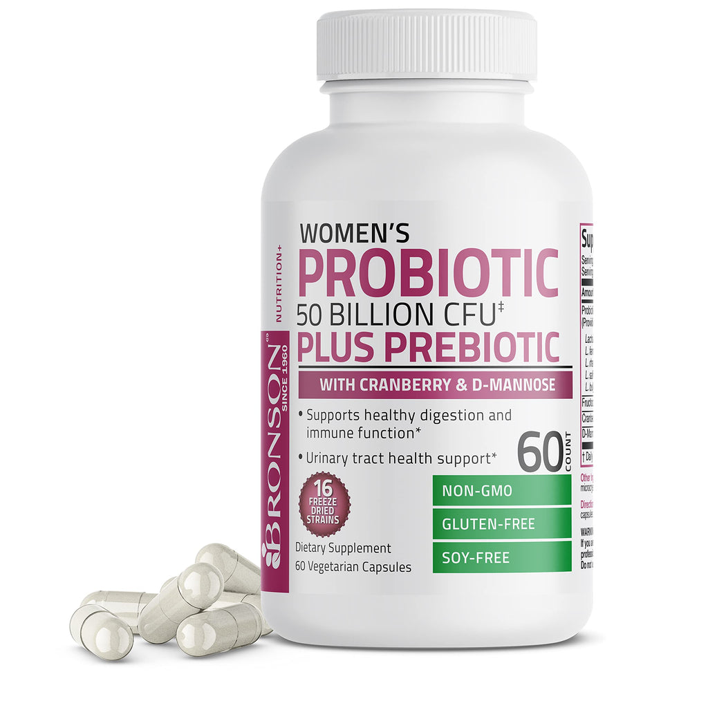 Bronson Women's Probiotic 50 Billion CFU + Prebiotic with Cranberry & D-Mannose – Vaginal Health, Healthy Digestion, Immune Function and Urinary Tract Support, Non-GMO, 60 Vegetarian Capsules