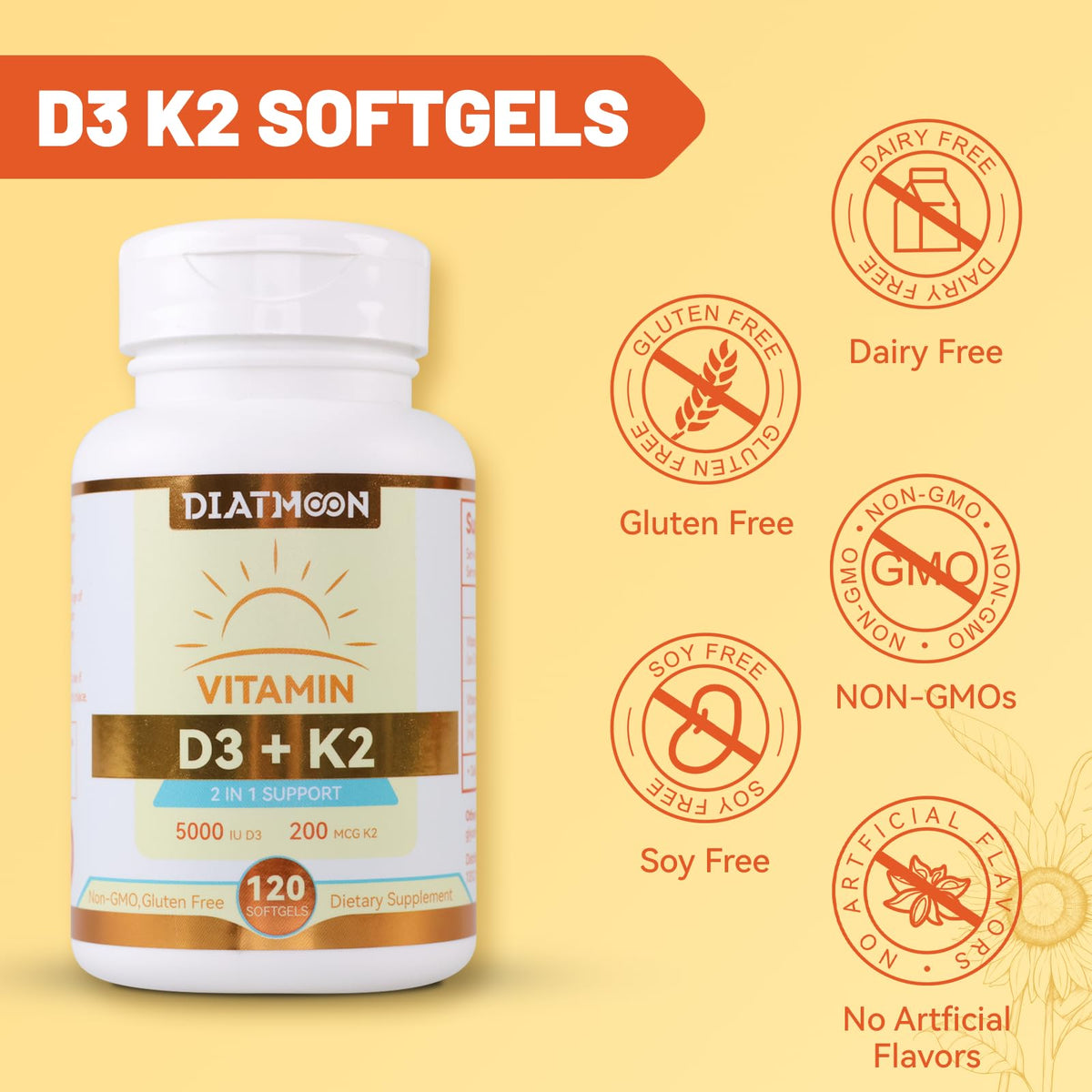 Vitamin D3 K2 Supplement Softgels, Vitamin D3 5000 IU & Vitamin K2 MK7 200 mcg, Bone & Teeth Support, Easy to Swallow - 120 Counts