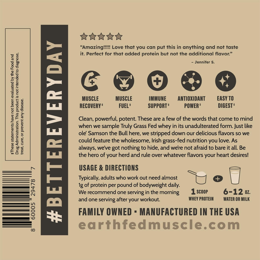 Earth Fed Muscle Whey Back Vanilla Irish Grass Fed Whey Protein Isolate | 25g protein per scoop, Third-Party Certified. Smooth vanilla, zero artificial sweeteners. Cold-processed in Ireland.
