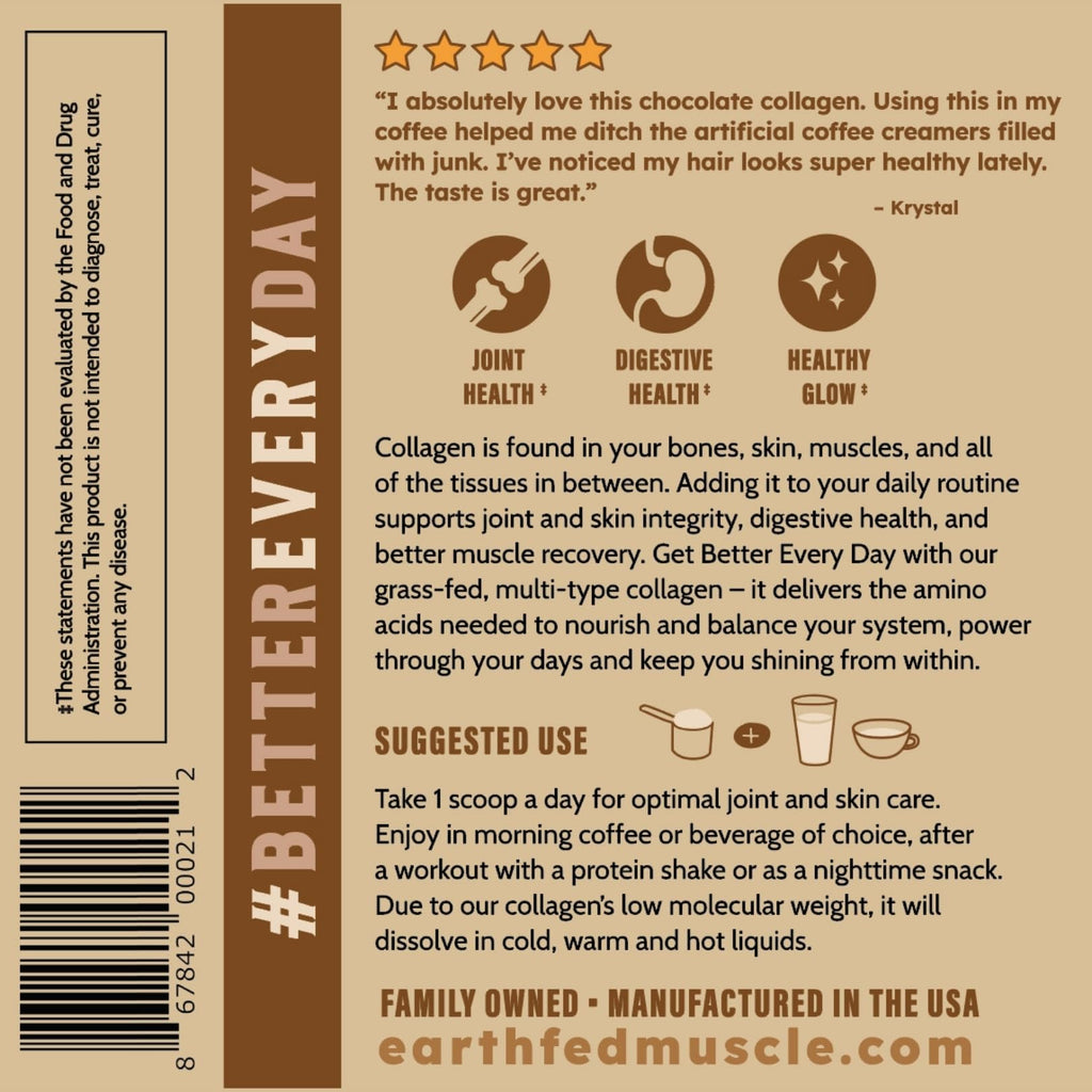 Earth Fed Muscle Collagen Peptides, Unflavored, 23 Servings | Third-Party Certified, 20g Protein, Grass Fed, Non-GMO, Hormone Free, Gluten Free, Multi-Type