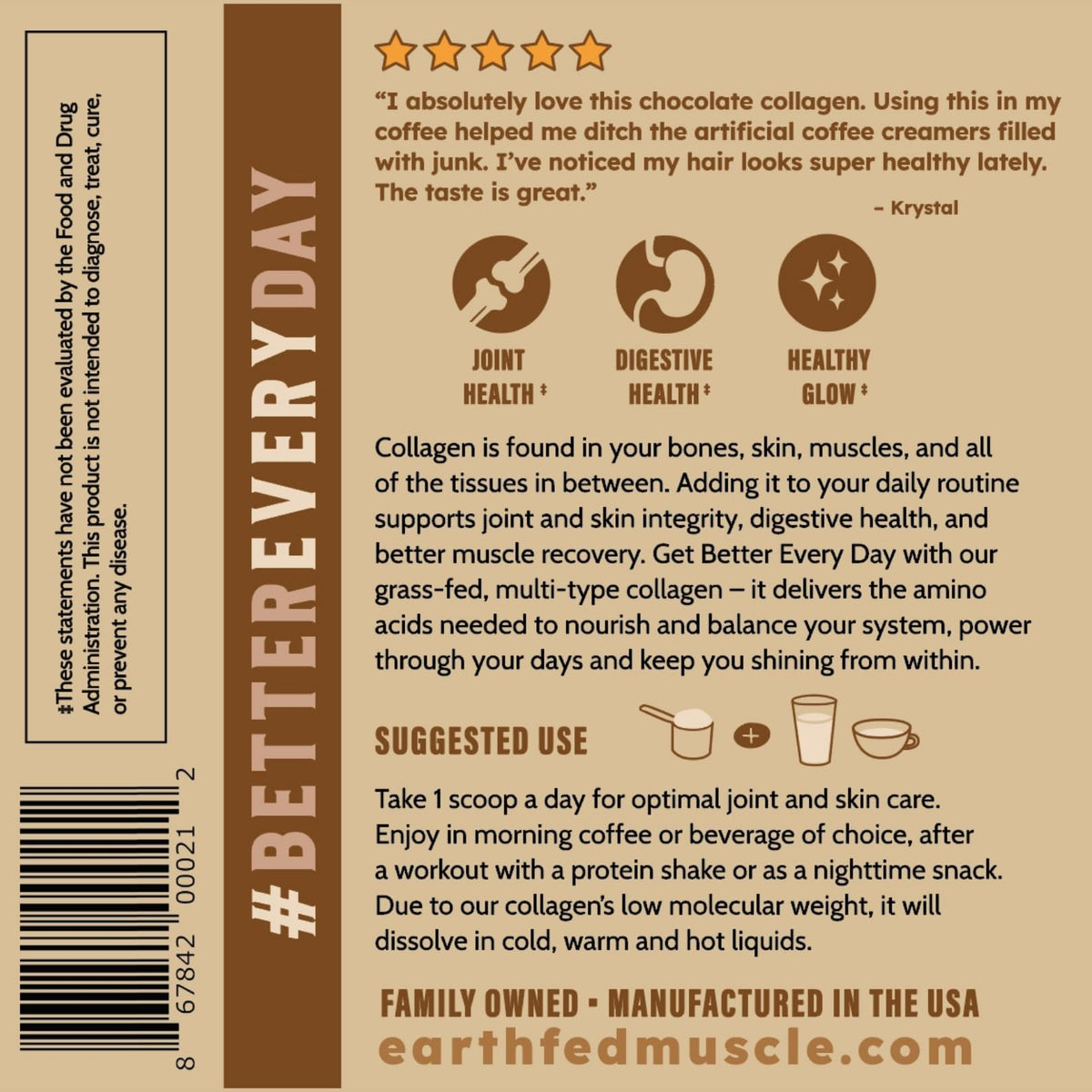 Earth Fed Muscle Collagen Peptides, Unflavored, 23 Servings | Third-Party Certified, 20g Protein, Grass Fed, Non-GMO, Hormone Free, Gluten Free, Multi-Type