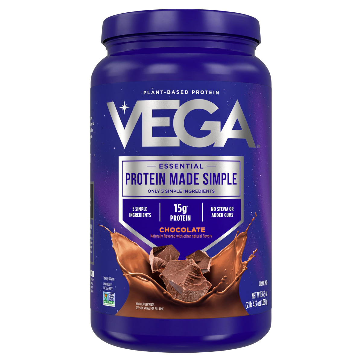 Vega Protein Made Simple - 15g Plant-Based Pea Protein, Chocolate, 39 Servings, Stevia Free, No Artificial Sweeteners or Gums, Non-GMO, Gluten Free,