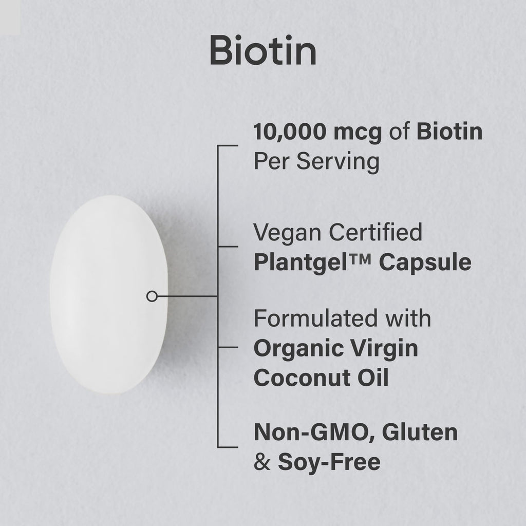 Sports Research® Biotin 10,000mcg with Organic Coconut Oil - Biotin (Vitamin B7) for Healthy Skin and Hair Support* - for Women and Men - Vegan, Non-GMO, Gluten & Soy-Free - 120 Veggie Softgels