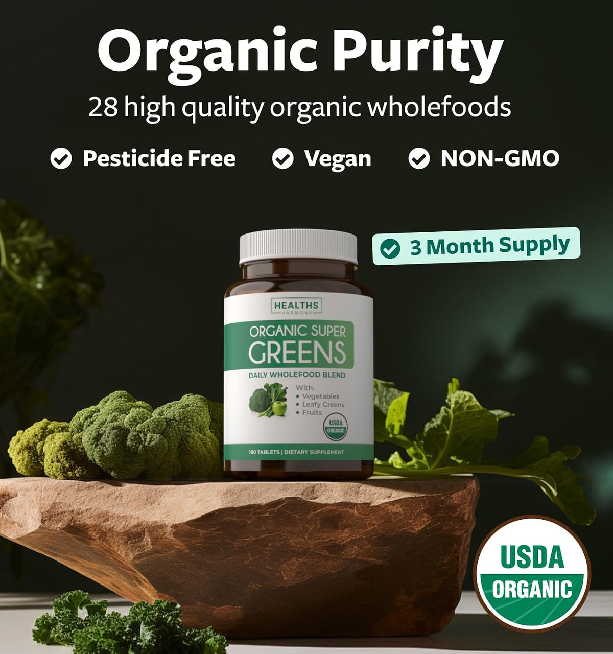 USDA Organic Super Greens Supplement - Organic Greens Fruits and Vegetable Supplement for Adults with 28 Superfood Complex with Superfruits Roots Herbs & More - Vegan & Non-GMO (Up to 3 Month Supply)