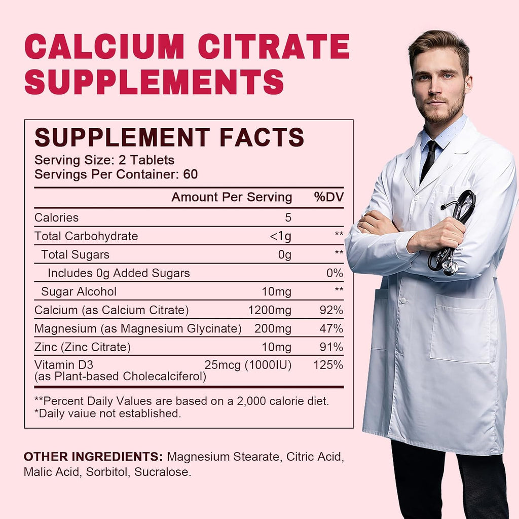 Calcium Citrate 1200 mg with Vitamin D3 Supplement for Women & Men, Calcium Magnesium Zinc D3 for Bone Muscle & Teeth Health - 120 Count - 60 Day Vegan Supply