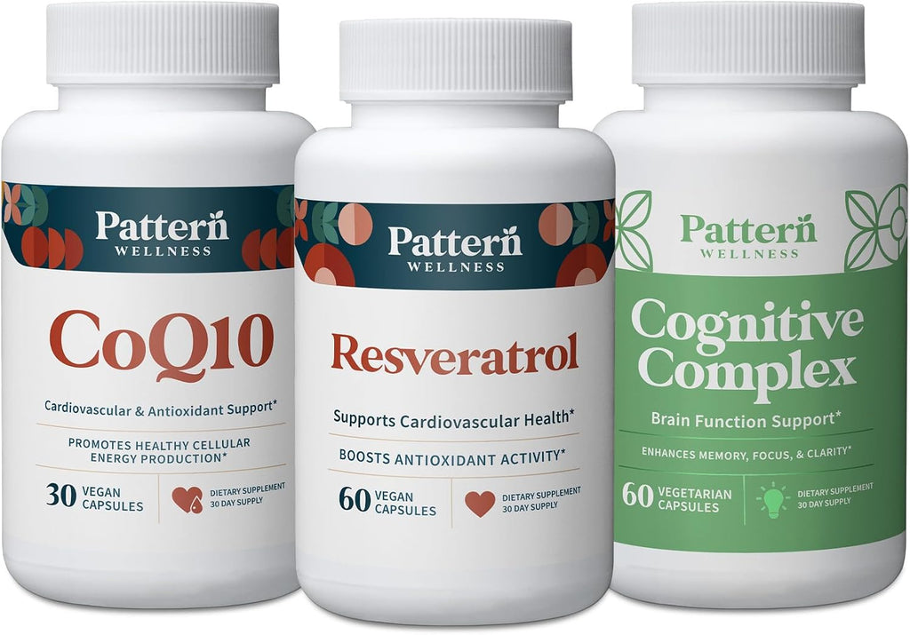 Pattern Wellness Healthy Aging Bundle - CoQ10, Resveratrol, Cognitive Complex - Promotes Timeless Health & Wellness - 3 Pack, All-Natural, Vegan-Friendly Formulas