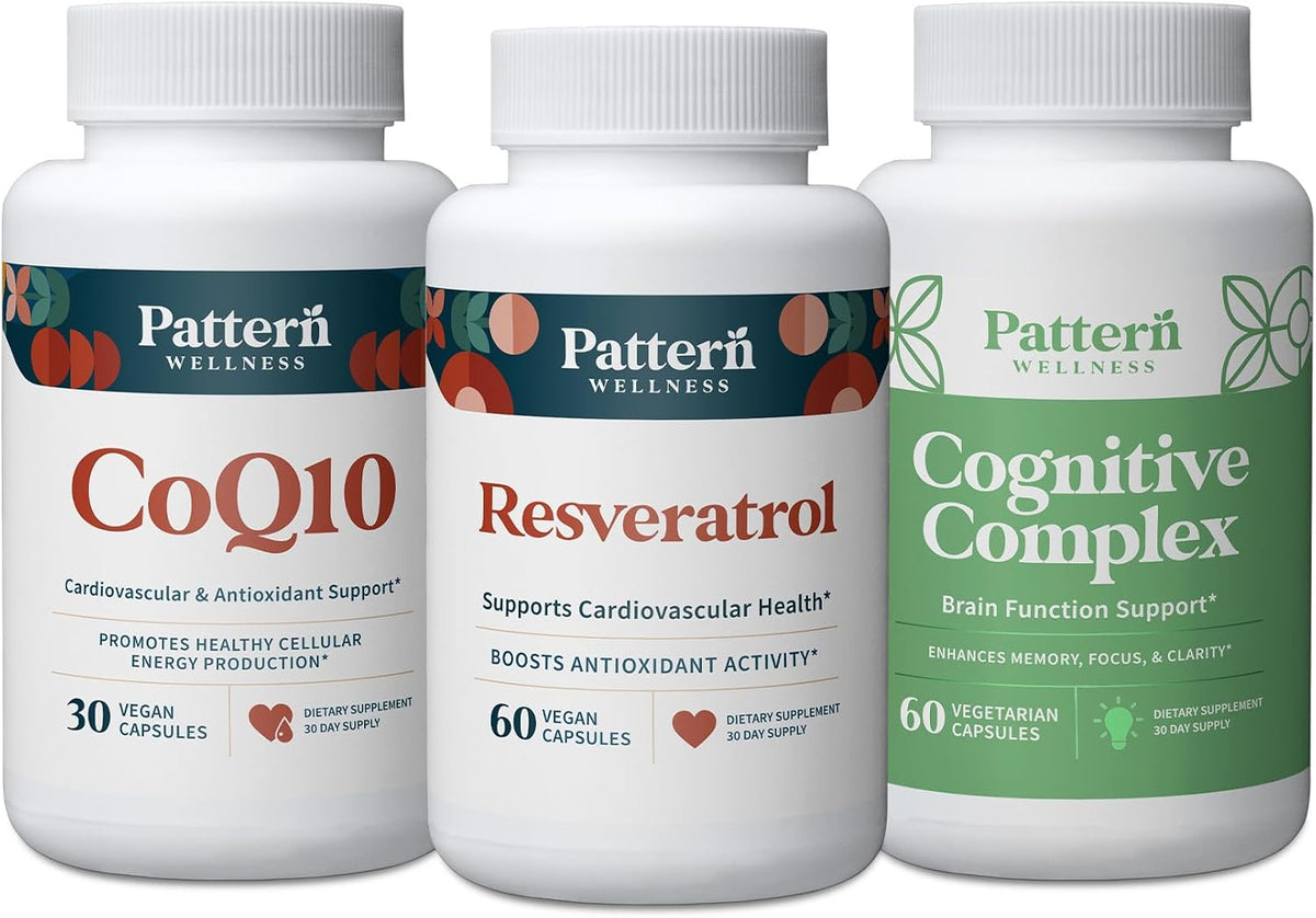 Pattern Wellness Healthy Aging Bundle - CoQ10, Resveratrol, Cognitive Complex - Promotes Timeless Health & Wellness - 3 Pack, All-Natural, Vegan-Friendly Formulas
