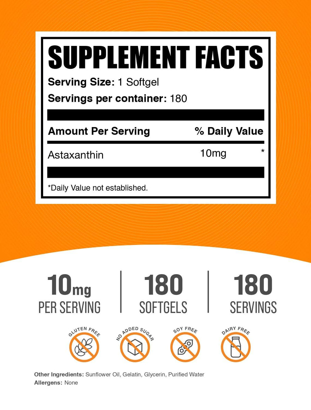 BulkSupplements.com Astaxanthin Softgels - Astaxanthin Supplements, Antioxidant Source - Gluten Free, 1 Softgel per Serving (10mg), 180 Count (Pack of 1)