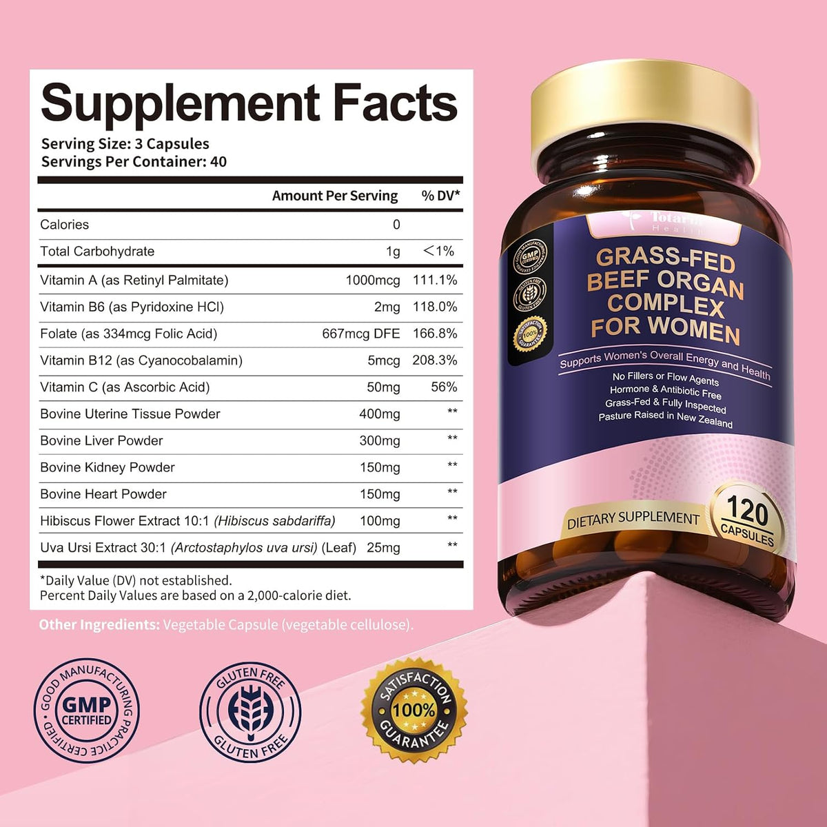 Beef Organ Supplement for Women - Beef Liver, Kidney, Heart,Uterus Tissue - Balance Hormones & Women's Overall Energy - Grass Fed, Pasture Raised - Natural Iron Supplement with Folate - 120 Capsules