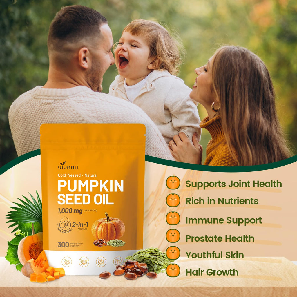 VivoNu Pumpkin Seed Oil with Saw Palmetto Capsules | Cold Pressed, Pure Virgin Oil, Essential Fatty Acids & Phytosterols | 300 SoftgelsSupports Hair, Urinary, Bladder & Prostate Health | Non-GMO