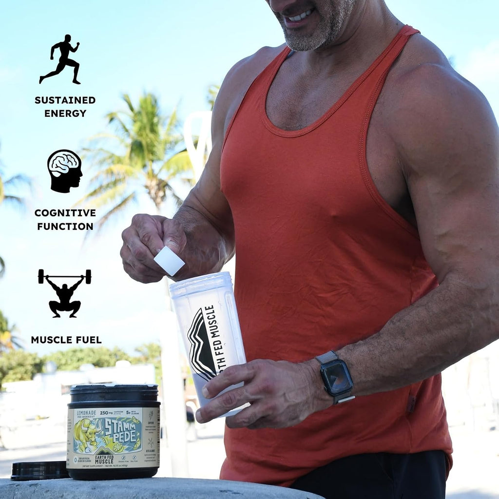 Earth Fed Muscle Stammpede Lemonade Pre Workout, Third-Party Certified. 250mg Caffeine, Lemonade - 5g Beta Alanine, Citrulline Malate, Taurine - Soy Free, Gluten Free - 16 oz, 26 Servings | Third-Party Certified, 250mg Caffeine, 5g Beta Alanine, Citrullin