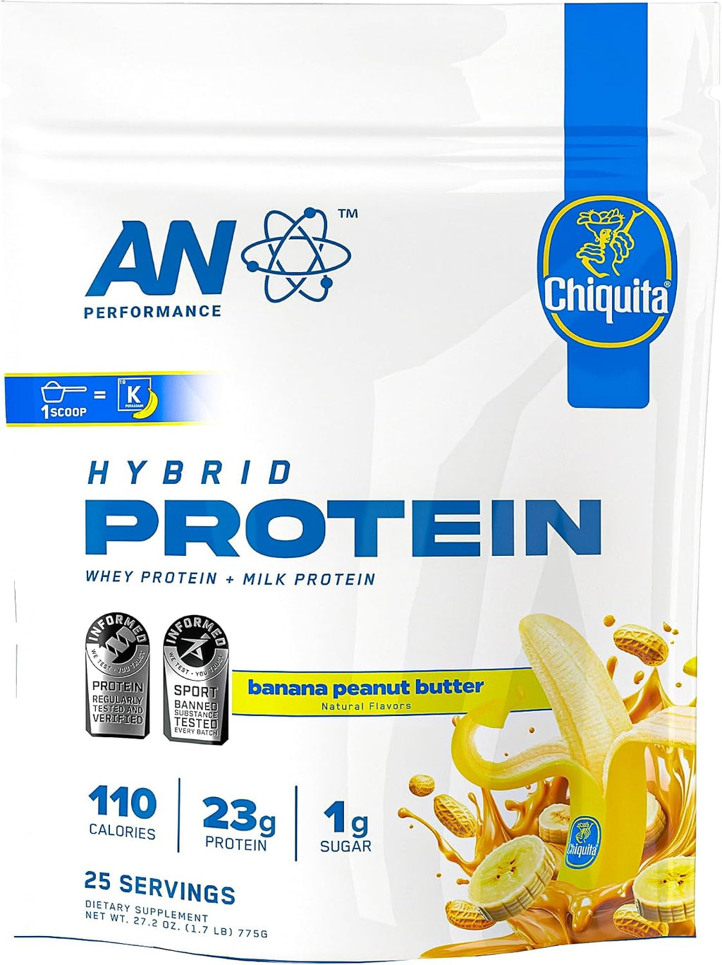 AN Performance Whey Protein Powder | Chiquita Banana Peanut Butter | 23g Protein, 1g Sugar, 100% Whey | Gluten-Free, Low Carb, Low Fat | Keto Friendly | Essential Amino Acids for Muscles | 25 Servings