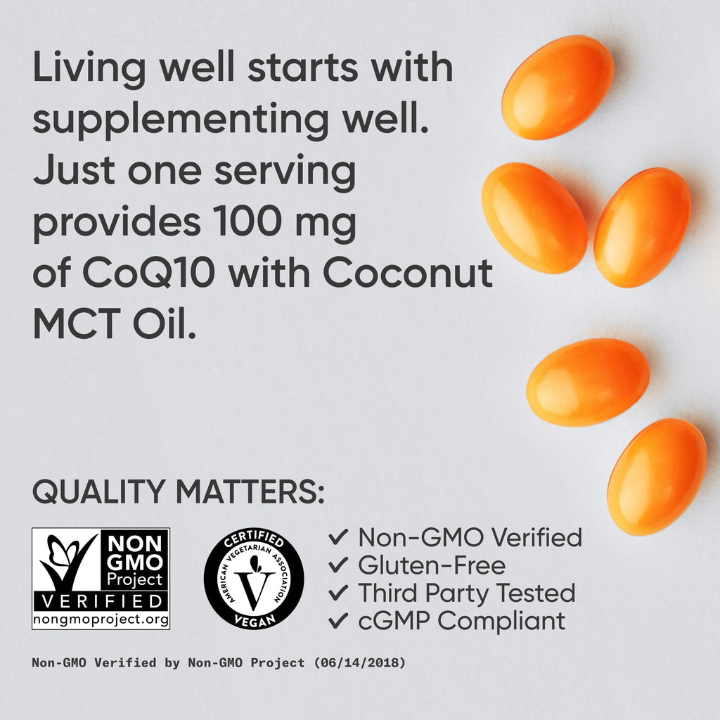 Sports Research CoQ10 (100mg) Enhanced w/Coconut Oil & Bioperine (Black Pepper) for Better Absorption | Vegan Certified, Non-GMO Verified (120 Veggie Softgels)