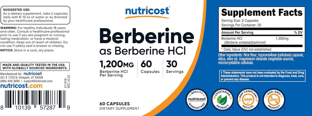 Nutricost Berberine HCl 1200mg , 60 Vegetarian Capsules - Gluten Free & Non-GMO | Gluten Free & GMO-Free