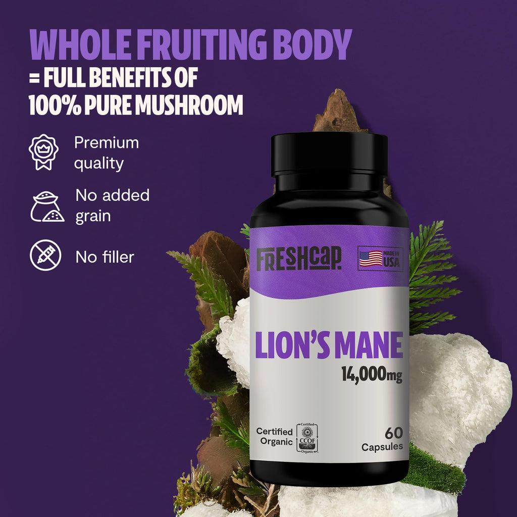 FreshCap Mushrooms Premium Organic Lions Mane Capsules - 14:1 Fruiting Body Extract with 31% Beta-Glucans - 3rd-Party Tested Nootropic for Clarity, Focus & Cognitive Support (120 Capsules)