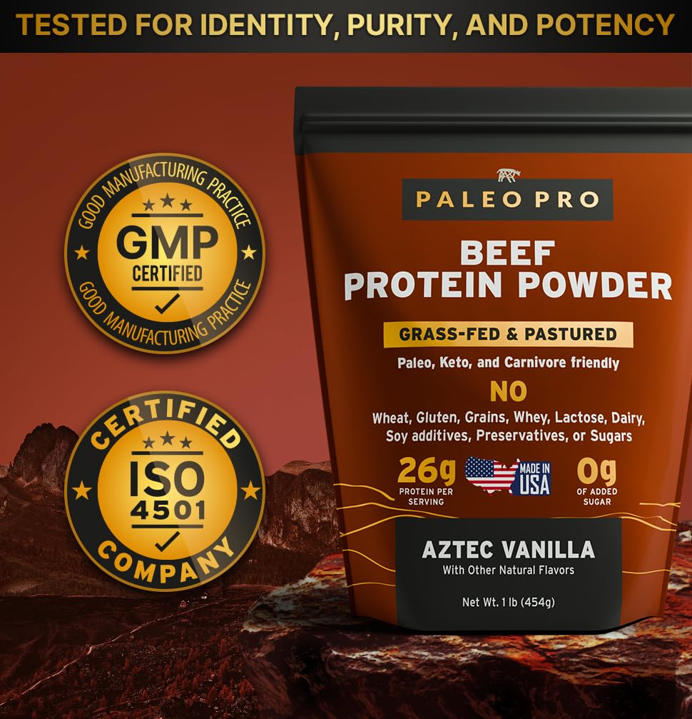 Paleo Pro 26G Beef Protein Powder - Grass Fed Protein Powder Isolate - Pure Animal Based Pastured & Cage-Free | Dairy & Gluten Free, Natural & Clean Proteins for Paleo & Keto - 15 Days Supply Vanilla