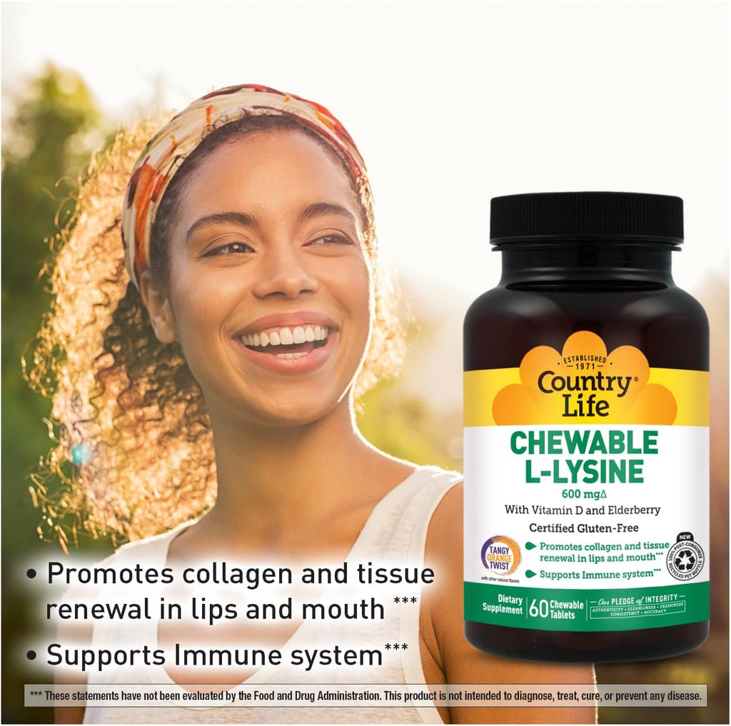 Country Life Chewable L-Lysine 600 mg with Vitamin D, 60 Tablets