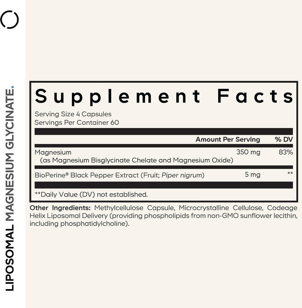 Codeage Liposomal Magnesium Glycinate Supplement, 2-Month Supply, Bisglycinate Magnesium Chelate, Chelated Magnesium Mineral Pills, BioPerine Black Pepper Vitamins Capsules, Non-GMO Vegan, 240 ct