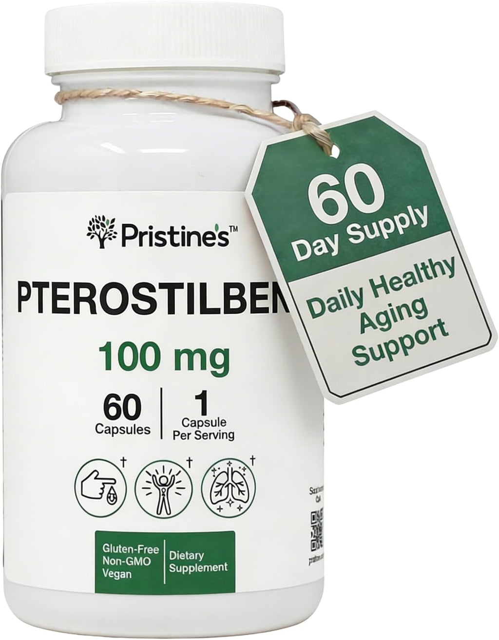 PRISTINE'S Pterostilbene 100mg Healthy Aging Capsules, Vegan, 60 Day Supply | Antioxidant and healthy aging support in a focused polyphenol capsule. 60 day supply, vegan, non-GMO, gluten-free glass.