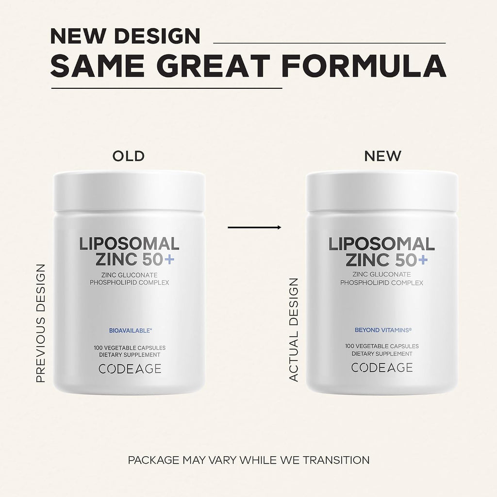 Codeage Liposomal Zinc 50mg, Zinc Gluconate, Vegan, 100 Capsules | Zinc gluconate 50mg, liposomal delivery. One capsule per day. Three-month supply. Vegan, non-GMO.