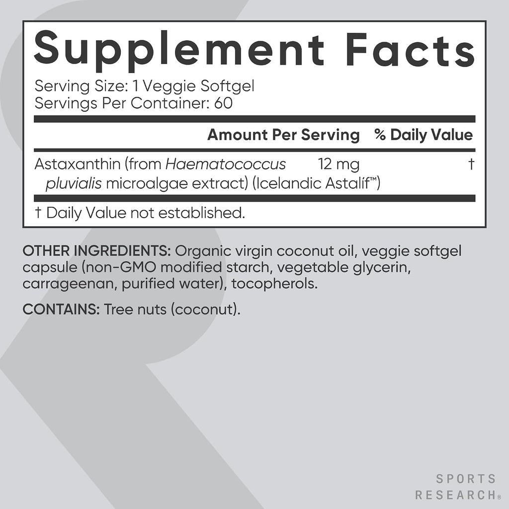 Sports Research Triple Strength Vegan Astaxanthin Supplement from Algae - Plant Based Softgels for Antioxidant Activity, Skin & Eye Health - Non-GMO Verified, Made with Coconut Oil - 12mg, 60 Count