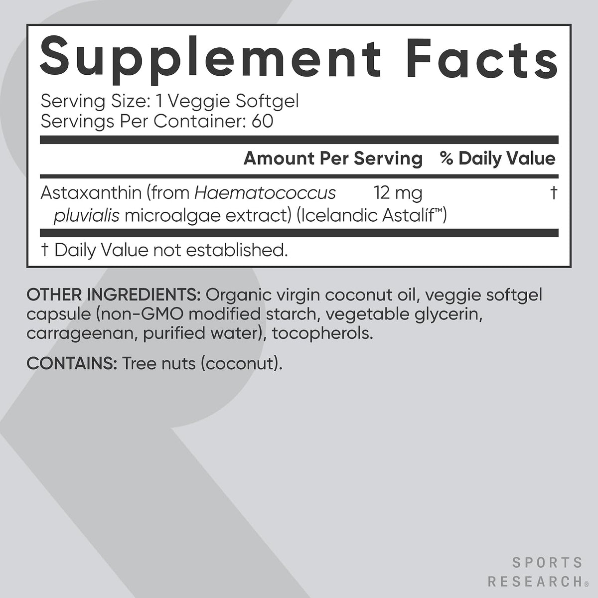 Sports Research Triple Strength Vegan Astaxanthin Supplement from Algae - Plant Based Softgels for Antioxidant Activity, Skin & Eye Health - Non-GMO Verified, Made with Coconut Oil - 12mg, 60 Count