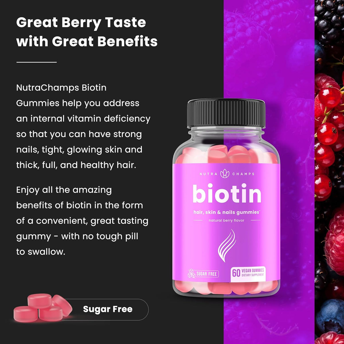 NutraChamps Sugar Free Biotin Gummies 10000mcg [High Potency] - Healthy Hair, Skin & Nails for Women, Men & Kids - 5000mcg in Each Gummy - Vegan, Non-GMO, Hair Health Vitamins Supplement - Raspberry