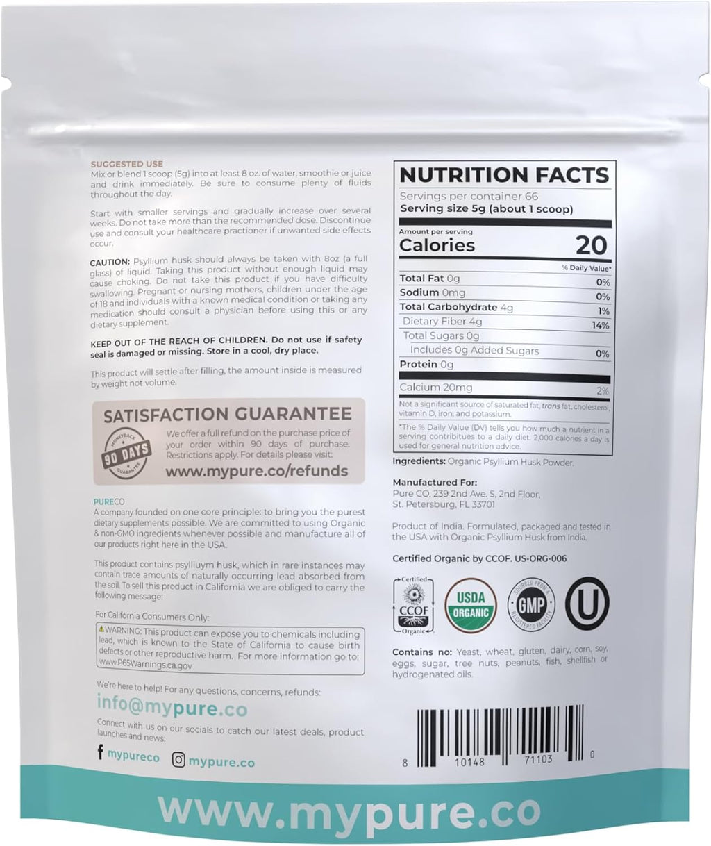 Psyllium Husk Powder Organic Certified - Finely Ground Whole Psyllium Husk Organic Fiber Powder for Baking Smoothies & More - Vegan Gluten Free Non-GMO & Filler Free Soluble Fiber (66 Servings)