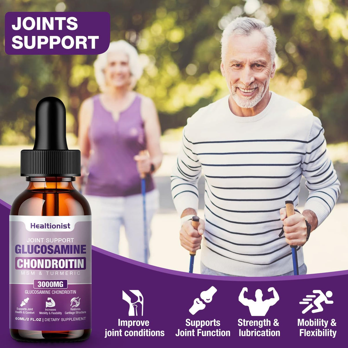 2 Pack Glucosamine Chondroitin MSM Liquid Drops, Extra Strength Joint Support Supplement for Adults Men & Women, Quercetin Boswelia, Bromelain, Antioxidant Immune Support (4 Fl oz)