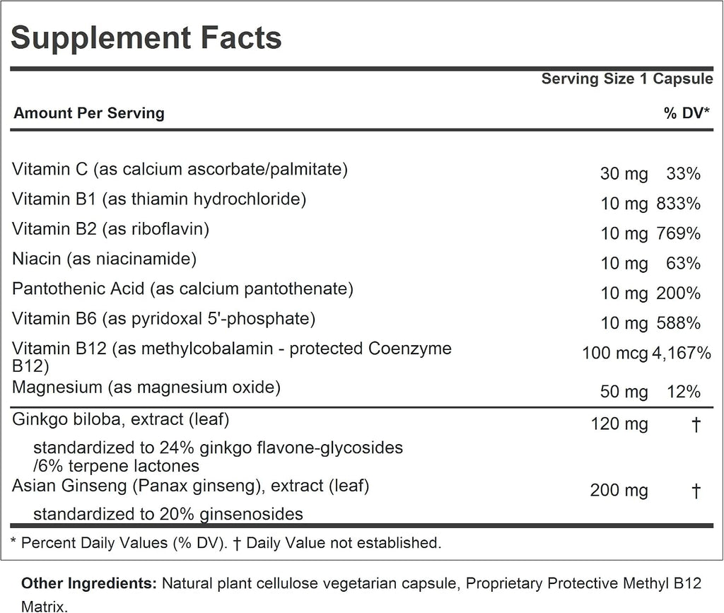 ANDREW LESSMAN Ginkgo 120 Plus Ginseng 200mg - 60 Capsules - Standardized Extract Blend to Support Brain, Memory and Cognitive Function. Adaptogen, Combats Stress and Fatigue. No Additives