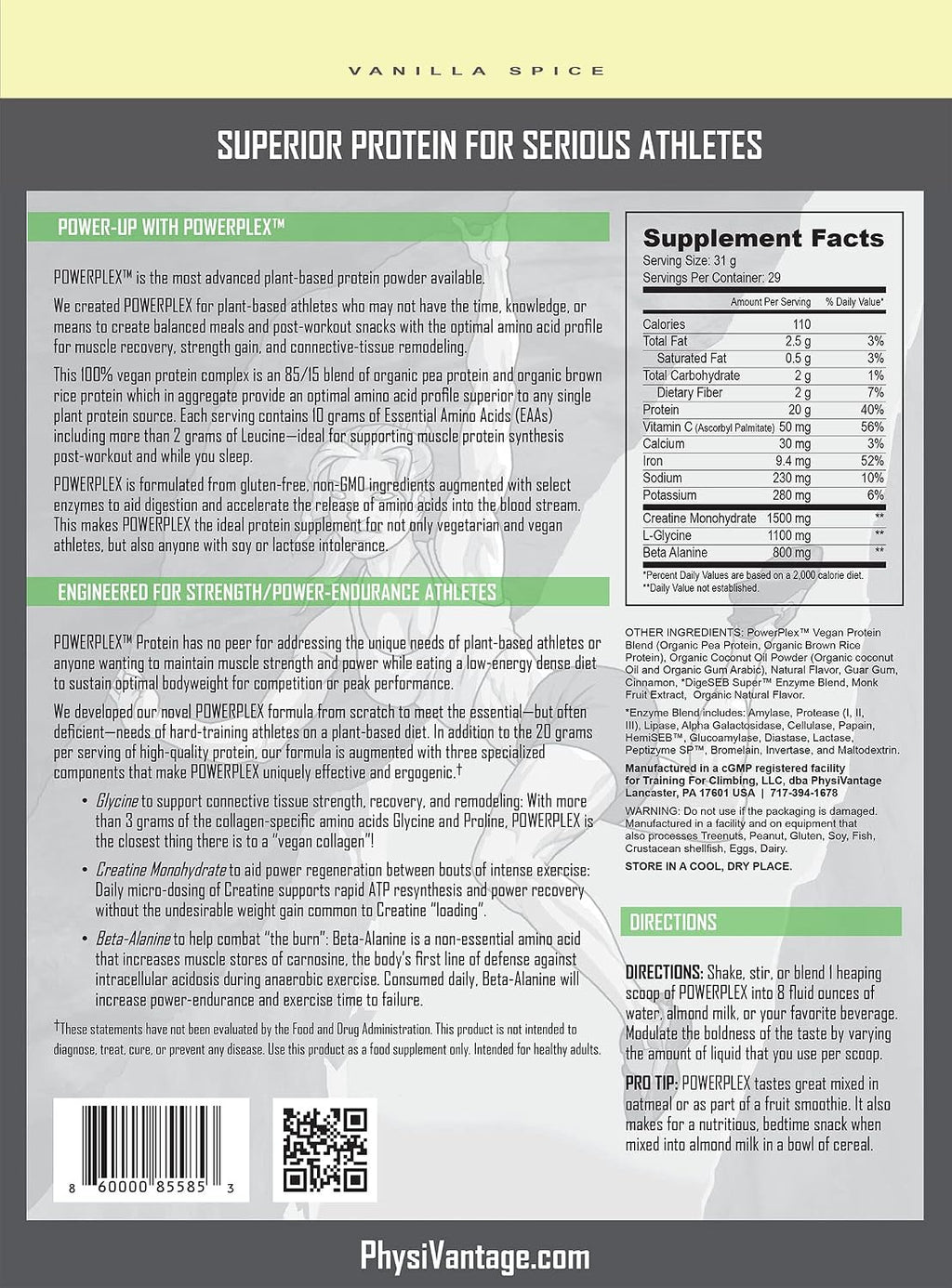 PhysiVantage POWERPLEX Vegan Protein Powder, Collagen Alternative - Organic Plant-Based Pea & Rice Protein, Dairy-Free, Non-GMO, Supports Muscle & Joint Recovery, Monk Fruit Sweetened 2 lb (Vanilla)