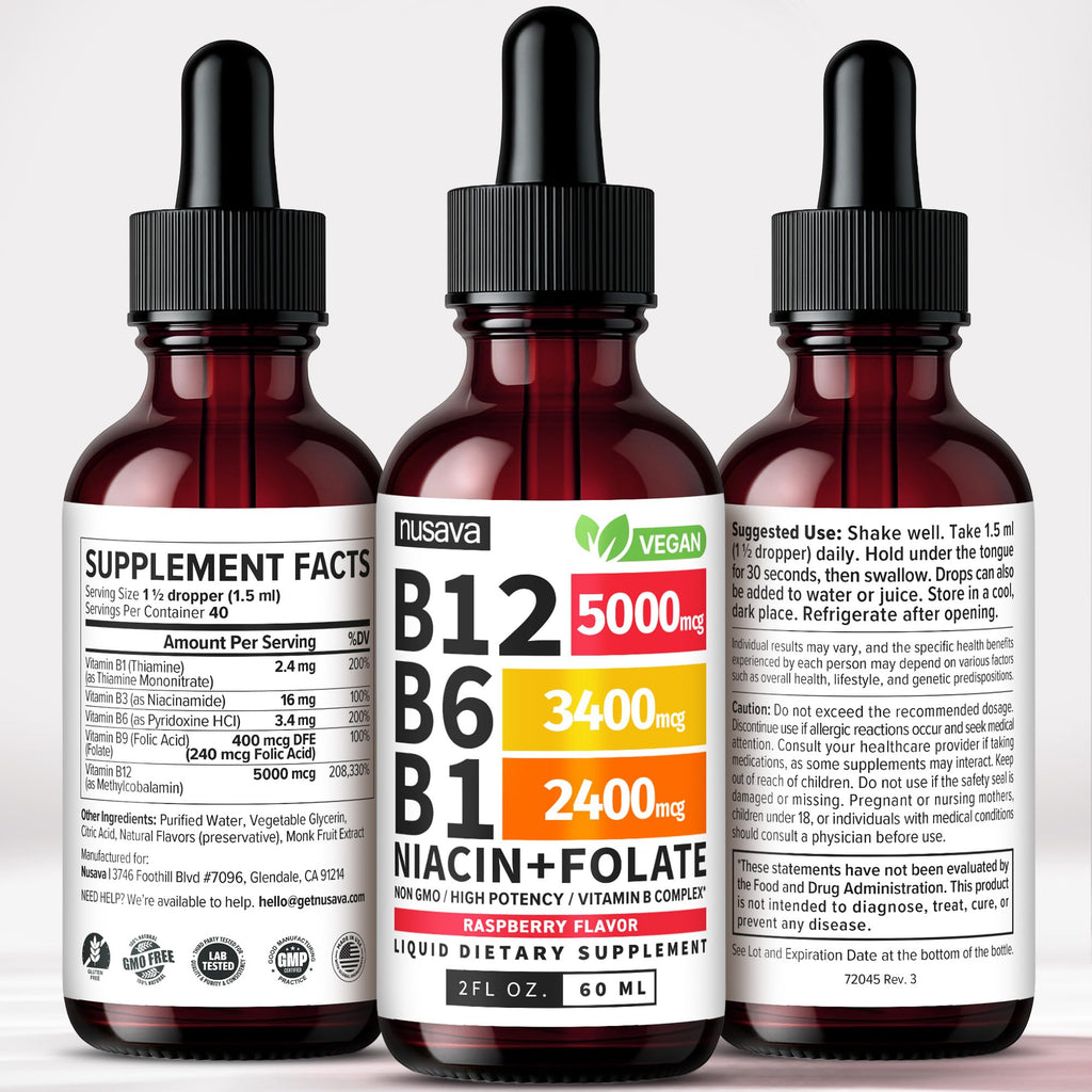NUSAVA (2 Pack) Vitamin B12 Liquid Drops with B6, B1, Niacin & Folate — B12 Sublingual Vitamin B Complex, Methylcobalamin 5000 mcg, for Energy, Brain & Heart Support, Raspberry Flavor, 80 Servings