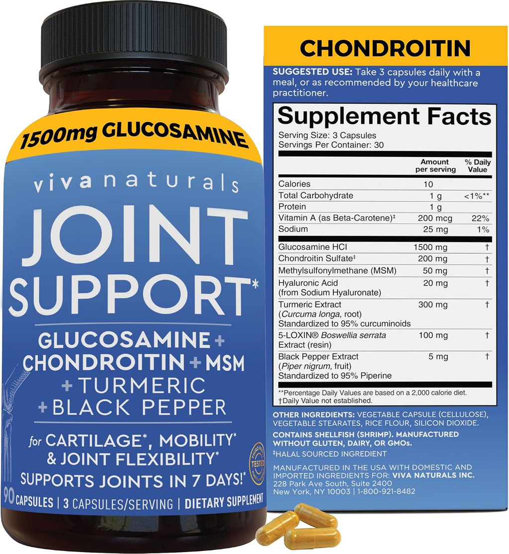 Viva Naturals Glucosamine Chondroitin MSM Joint Support Supplement, 90 Capsules - with Turmeric, Black Pepper, Boswellia and Hyaluronic Acid - Joint Health Supplement for Mobility and Flexibility