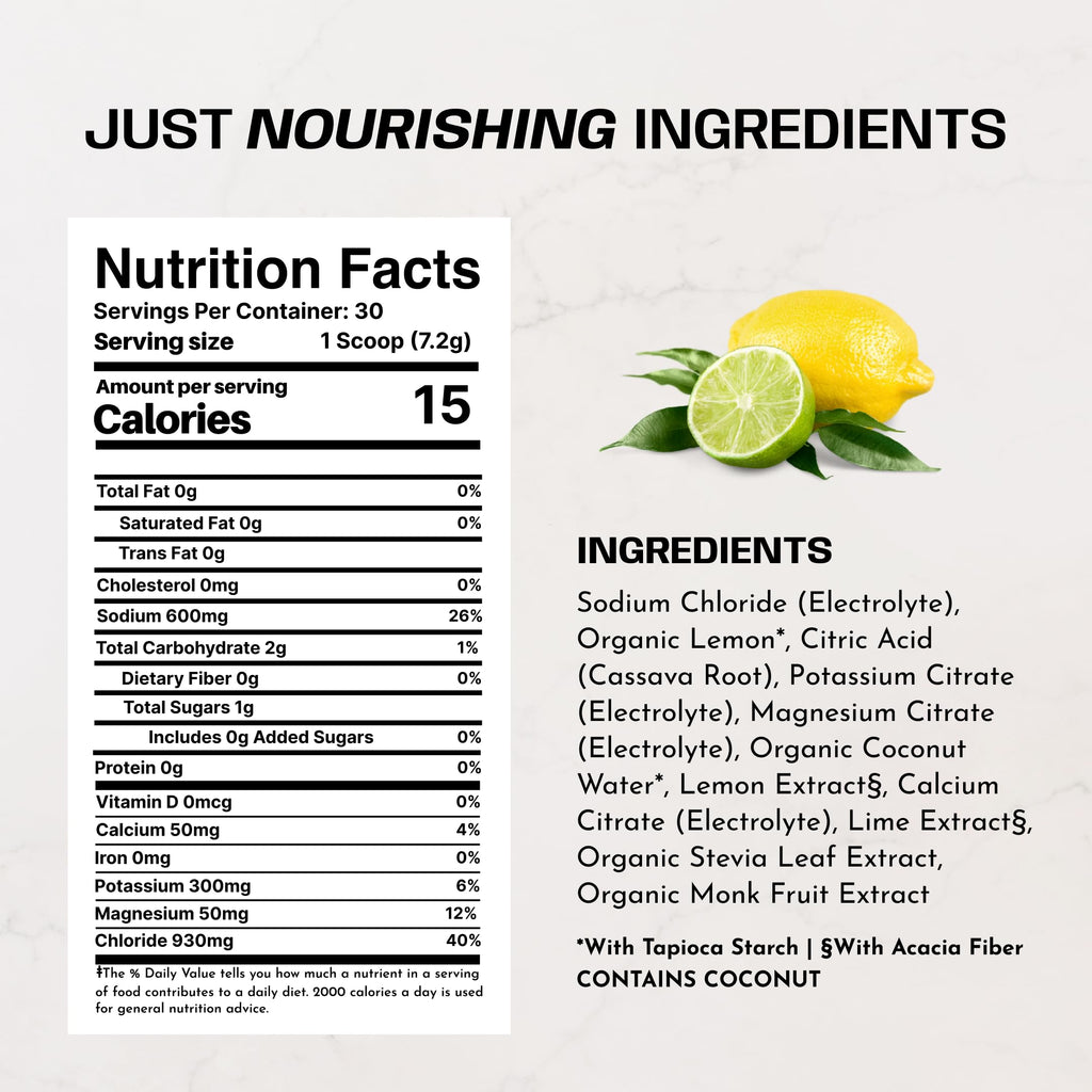 JUST INGREDIENTS Performance Electrolytes Powder Lemon Lime, 600mg Sodium with Organic Coconut Water, 30 Servings, Naturally Sweetened with Monk Fruit and Stevia, Flavored with Real Fruit, Non-GMO