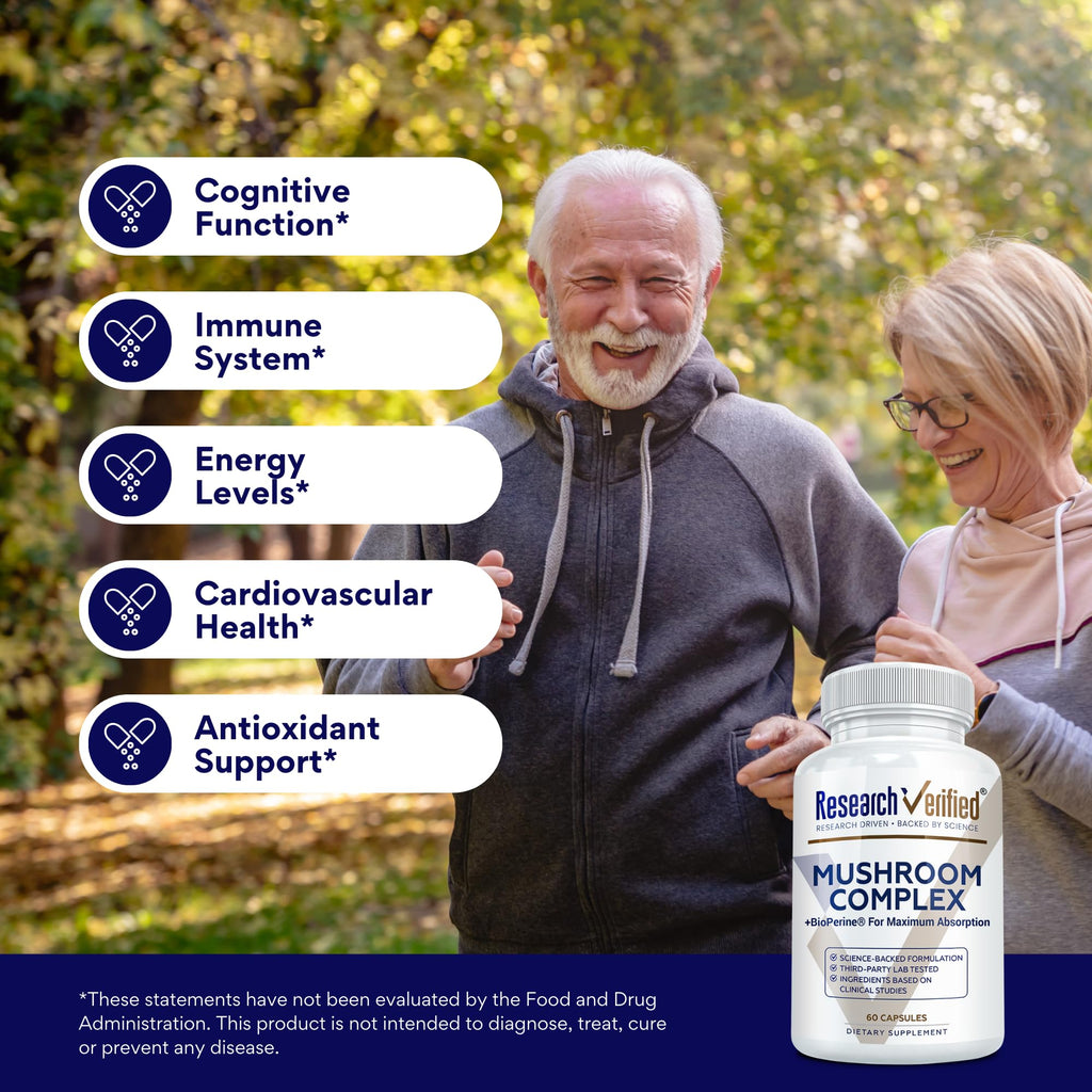 Research Verified Mushroom Complex - Support Immunity, Boost Antioxidants, Improve Cognitive Function - 10 Mushrooms Including Reishi, Maitake, and Shiitake - 60 Capsules - Vegan