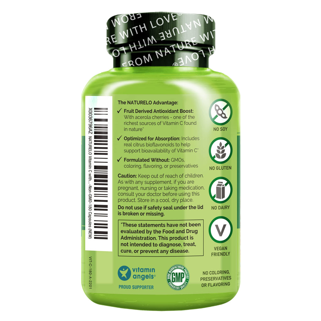 NATURELO Vitamin C with Organic Acerola Cherry Extract and Citrus Bioflavonoids - Vegan Supplement - Immune Support - 500 mg VIT C per Cap - Non-GMO - 90 Capsules