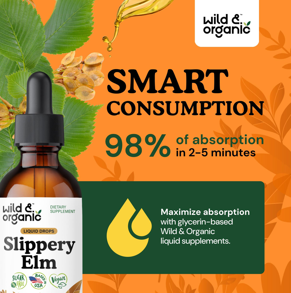 Wild & Organic Slippery Elm Liquid Drops - Lung, Digestive & Women's Support - Slippery Elm Bark Supplement - Add to Tea Tincture - Ulmus Rubra Herb - Vegan, Sugar & Alcohol-Free - 4 fl oz