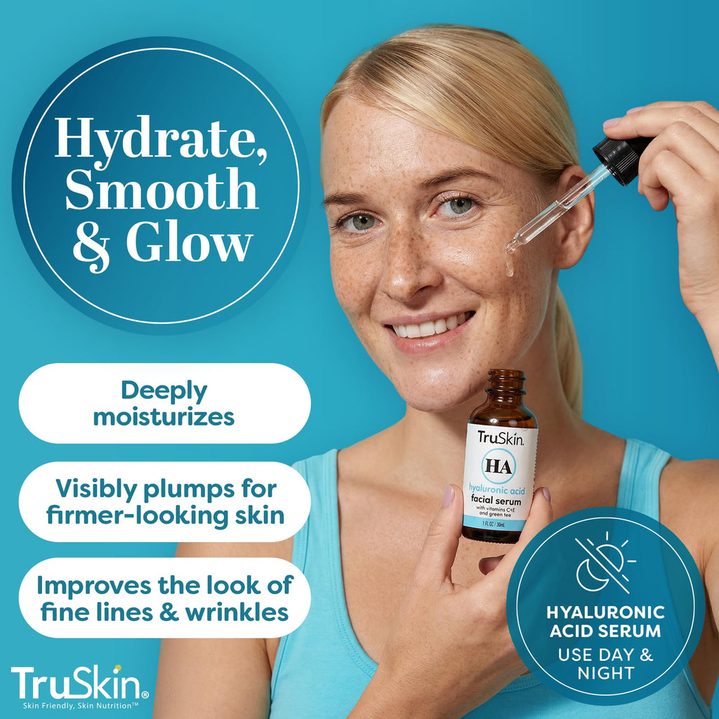 TruSkin Hyaluronic Acid Serum for Face for Hydrated, Plumper Skin, 1 fl oz | With 7 ultra-hydrating ingredients to replenish moisture and leave skin feeling soft, smooth and healthy-looking