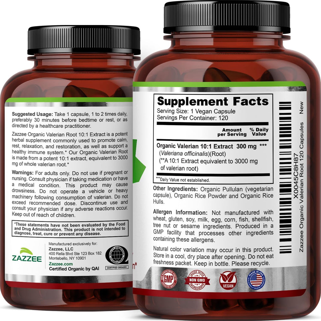 Zazzee USDA Organic Valerian Root 10:1 Extract, 120 Vegan Capsules, 4 Month Supply, Valeriana Officinalis, Relaxation, Calm & Mood Support, All-Natural, Non-GMO, Made in the USA