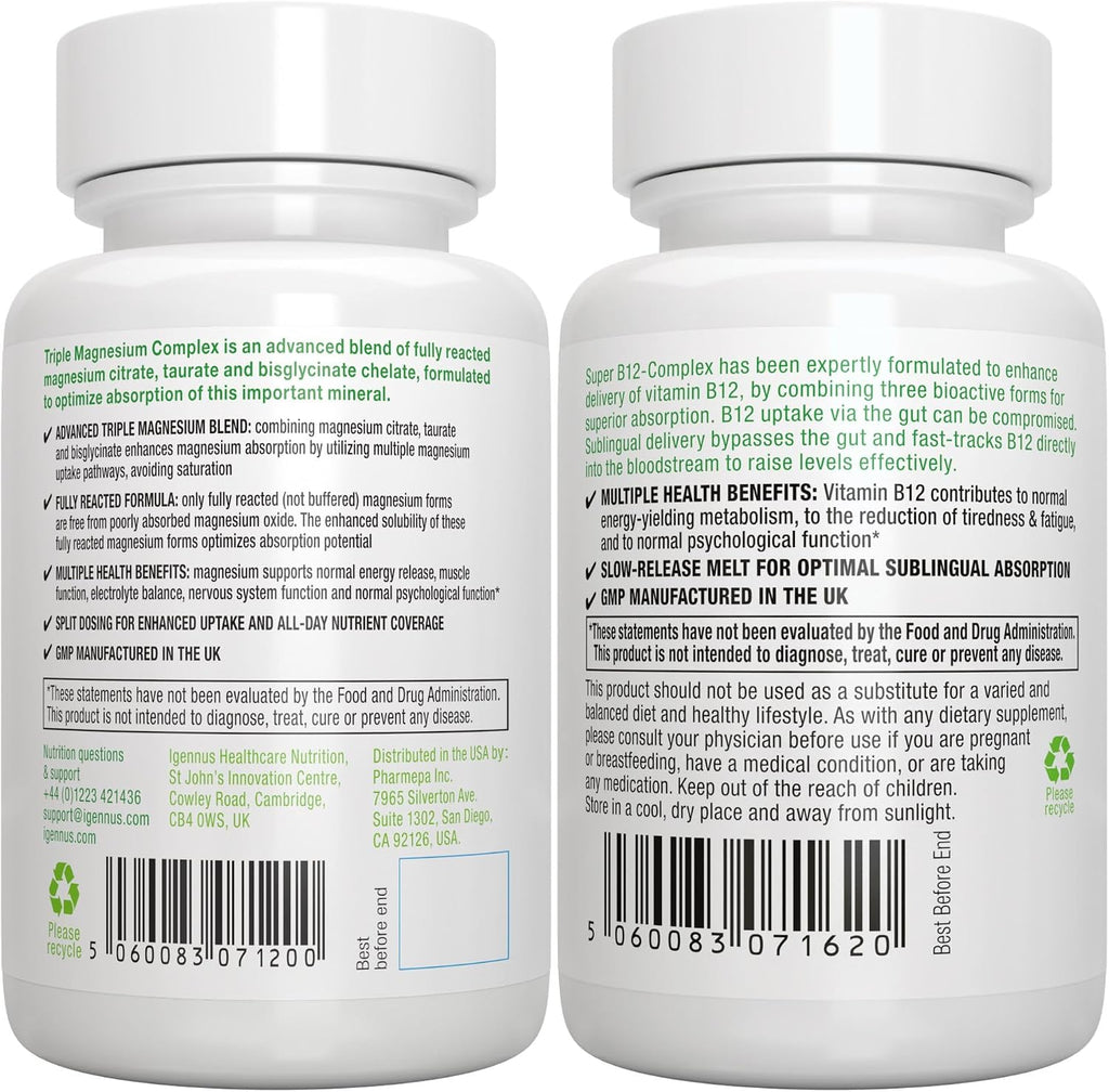 Triple Magnesium Complex + Super B12-Complex Energy Bundle, High Absorption Chelated Glycinate, Taurate & Citrate Magnesium + High Absorption Sublingual B12, Vegan, by Igennus