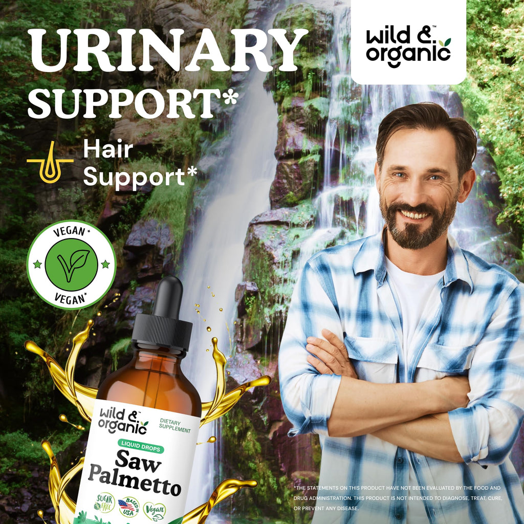 Wild & Organic Saw Palmetto for Men & Women - Urinary Tract & Hair Support - Saw Palmetto Extract Liquid Drops - Add to Tea - Serenoa Repens Berries Supplement - Vegan, Sugar & Alcohol-Free - 4 fl oz