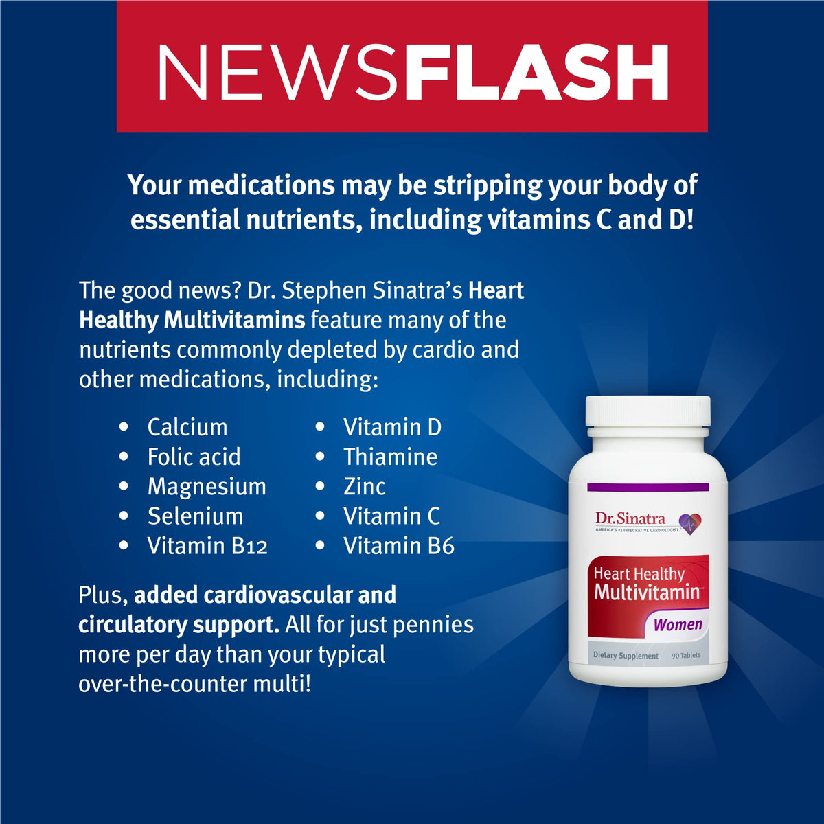 Dr. Sinatra Heart Healthy Multivitamin for Women with Vitamin D 1000 IU, A, B12, C, E, Biotin, Folate, and Zinc, 90 Tablets (30-Day Supply)