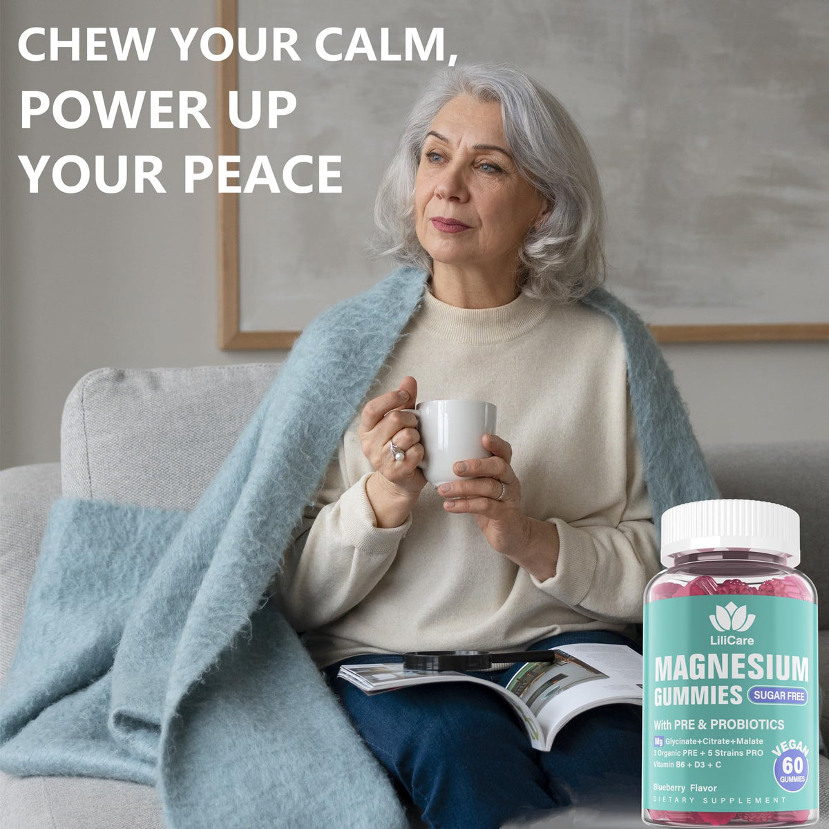 Magnesium Complex Gummies 400 mg for Women Men with Prebiotics and Probiotics, Triple Calm Magnesium Glycinate Malate Citrate Gummy Supplement for Relaxation & Digestive Health-Sugar Free, Vegan 120ct
