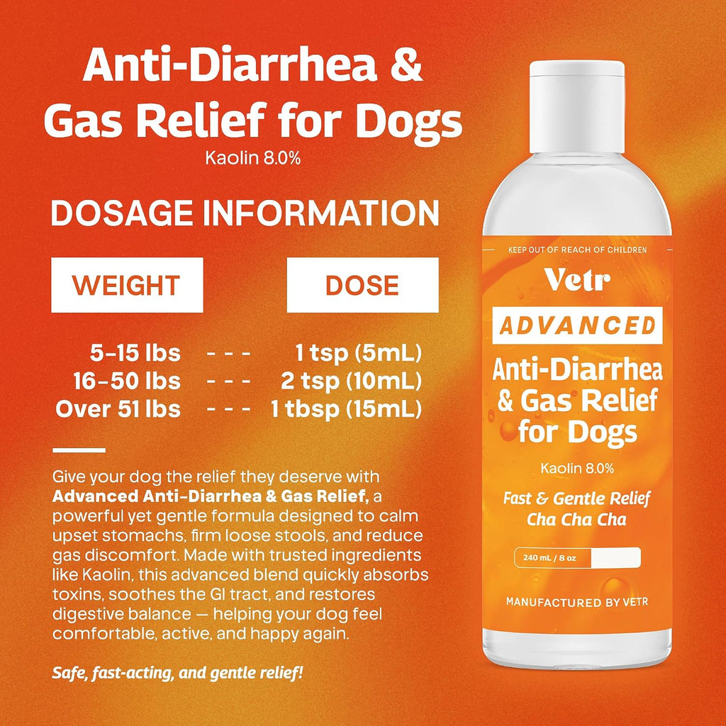 Vetr Anti-Diarrhea & Gas Relief for Dogs - Kaolin Liquid Formula for Fast Upset Stomach Soothing & Digestive Support - All Breeds & Sizes - 8 oz (240mL) - Vet-Formulated in USA