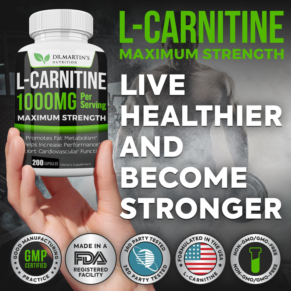 DR. MARTIN'S NUTRITION Extra Strength L-Carnitine - 200 Capsules - 1000mg Per Serving - Boost Your Metabolism and Increase Performance