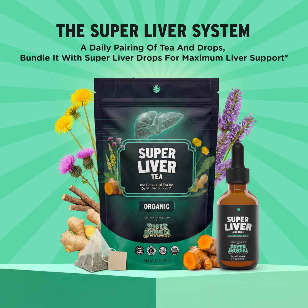 SuperBonsai Organic Liver Detox Tea – Dandelion Root & Milk Thistle Herbal Tea for Liver Support, Digestive Detox & Cleanse – Turmeric, Ginger & Nettle Botanical Blend